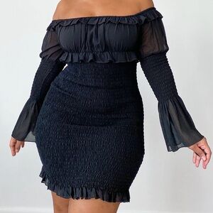 prettylittlething BLACK CHIFFON SHIRRED BODYCON DRESS Off-Shoulder Ruffle Dress